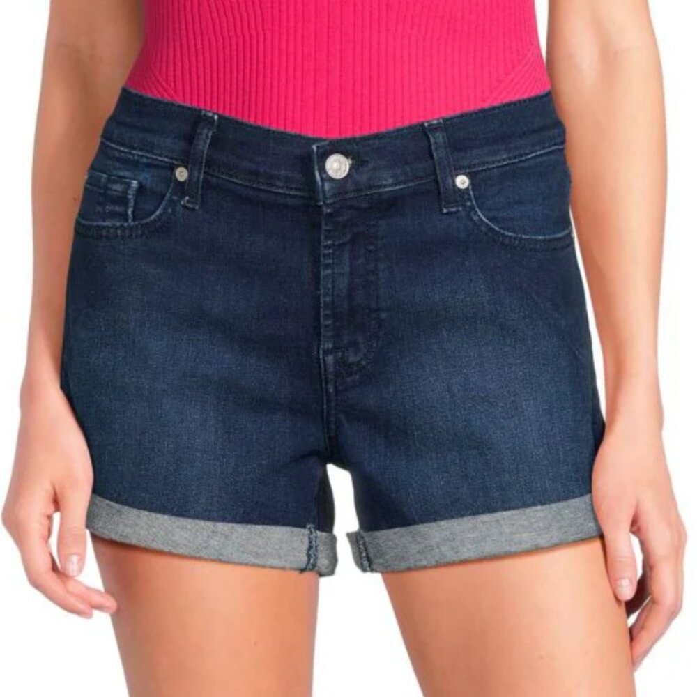NEW 7 For All Mankind Roll Hem Denim Shorts Women's 31 Kaia Jean mid rise blue